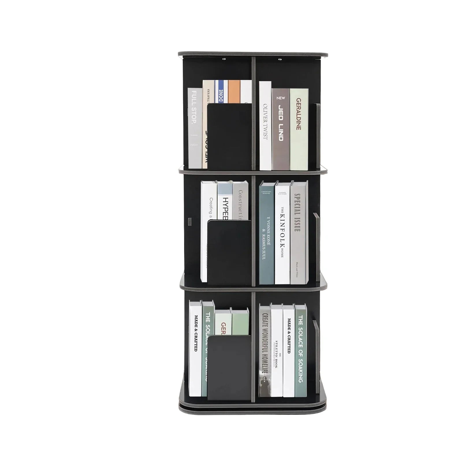 Drehbares Bücherregal mit 3 Etagen – 360° drehbar – PVC-Holzplatte – Schwarz – 39 x 39 x 97 cm
